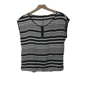 BDG Grey White Striped 100% Silk Semi-Sheer Cap Sleeve Blouse Button Detail